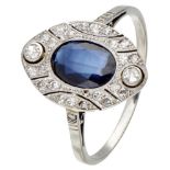 14K. White gold Art Deco ring set with approx. 0.29 ct. diamond and synthetic sapphire.