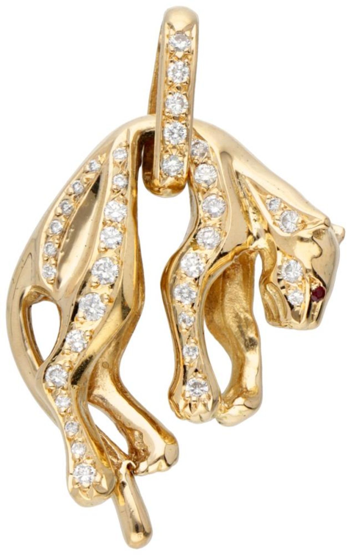 18K. Yellow gold panther pendant set with approx. 0.41 ct. diamond and ruby.