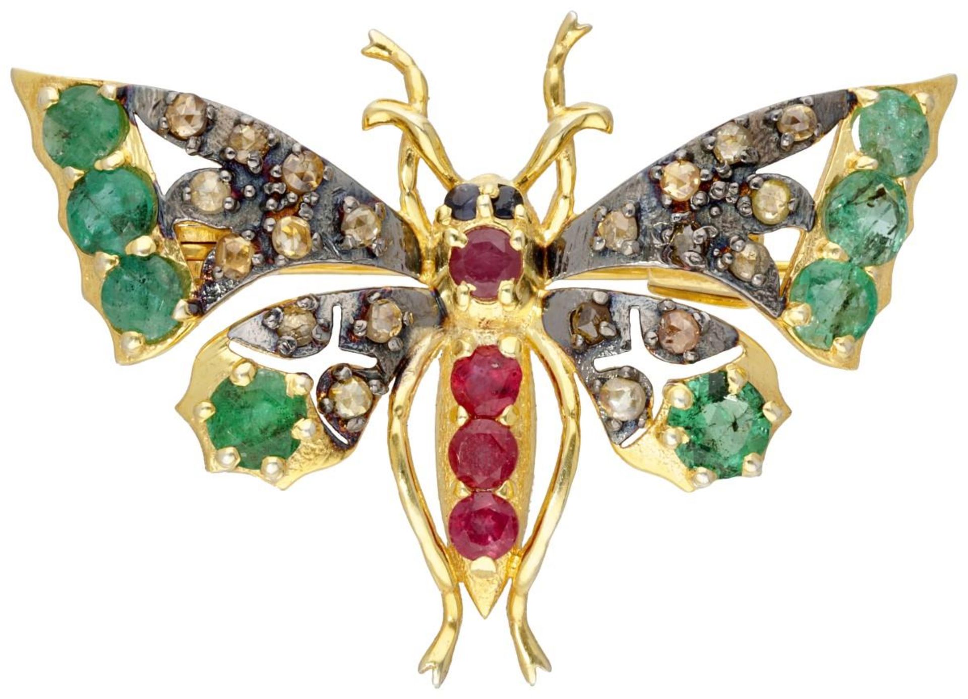 Gold plated sterling silver butterfly brooch set with diamond, emerald, ruby and sapphire. - Image 2 of 10