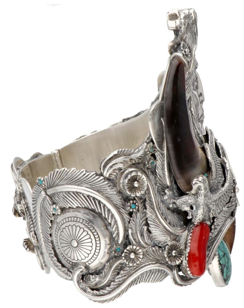 Géza Aranyos sterling silver Native American arm cuff with bear claw, turquoise and red coral. - Image 13 of 16