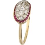 14K. Yellow gold Art Deco ring set with rose cut diamond and ruby.