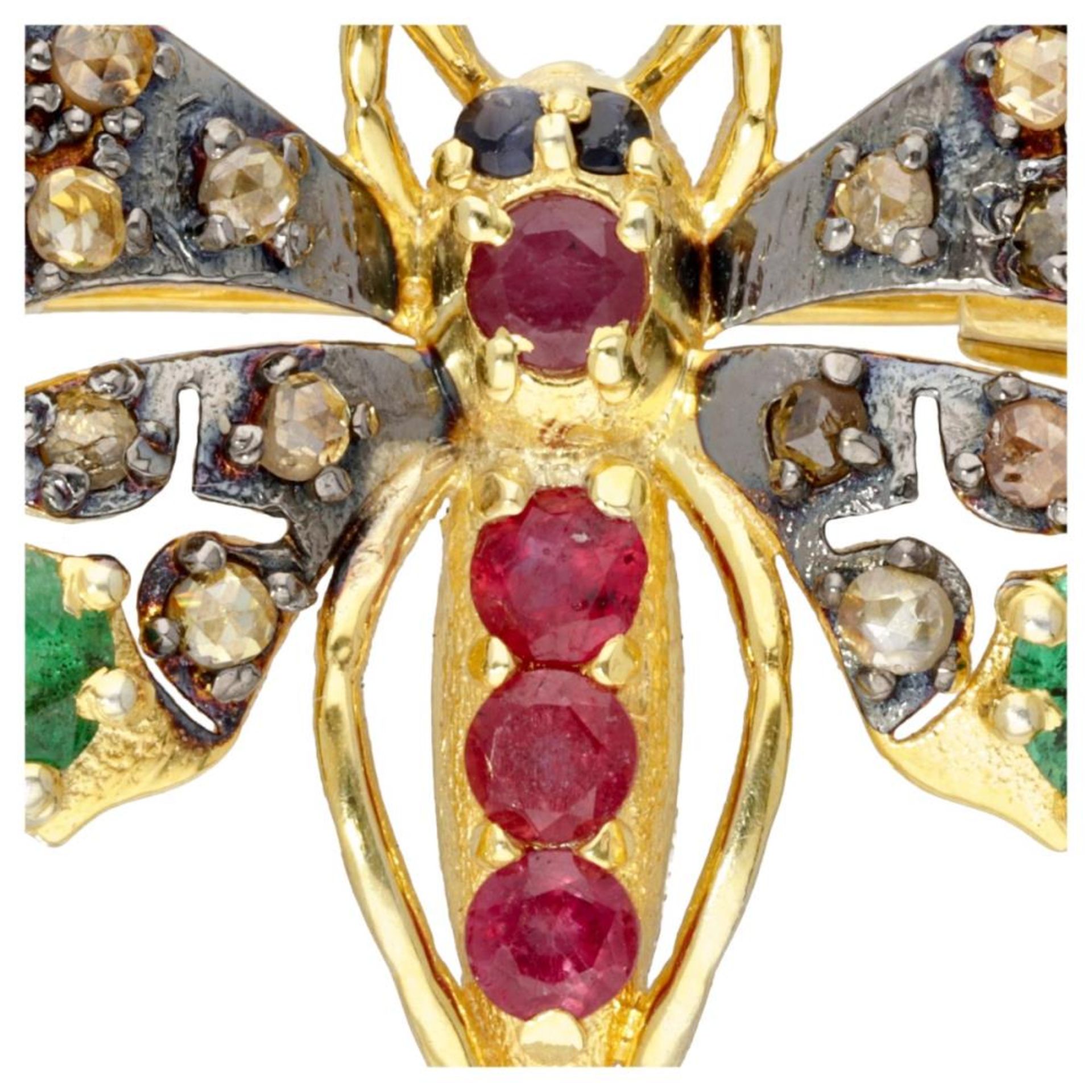 Gold plated sterling silver butterfly brooch set with diamond, emerald, ruby and sapphire. - Image 4 of 10