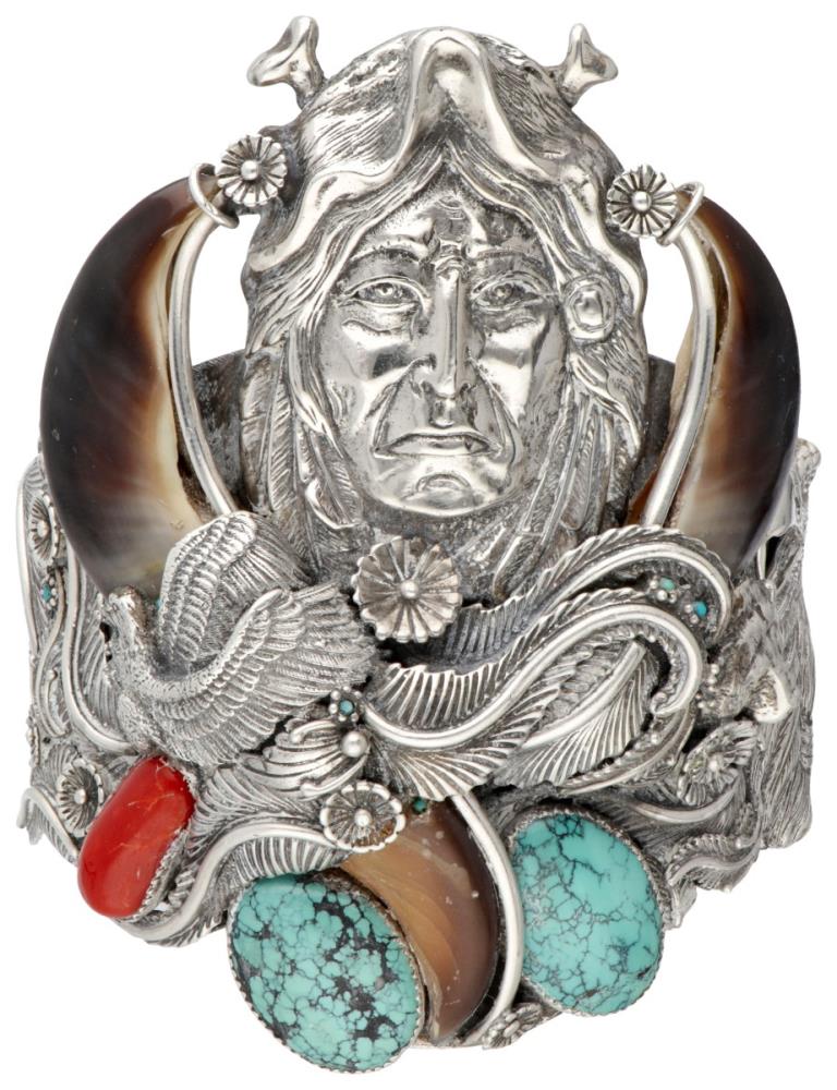 Géza Aranyos sterling silver Native American arm cuff with bear claw, turquoise and red coral. - Image 3 of 16