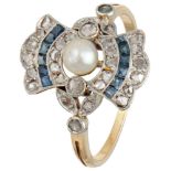 14K. Yellow gold Art Deco ring set with diamond, natural sapphire and freshwater pearl.