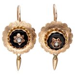 14K. Rose gold antique earrings set with seed pearl and black stone.