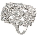 Platinum openwork Art Deco shield ring set with approx. 0.93 ct. diamond.