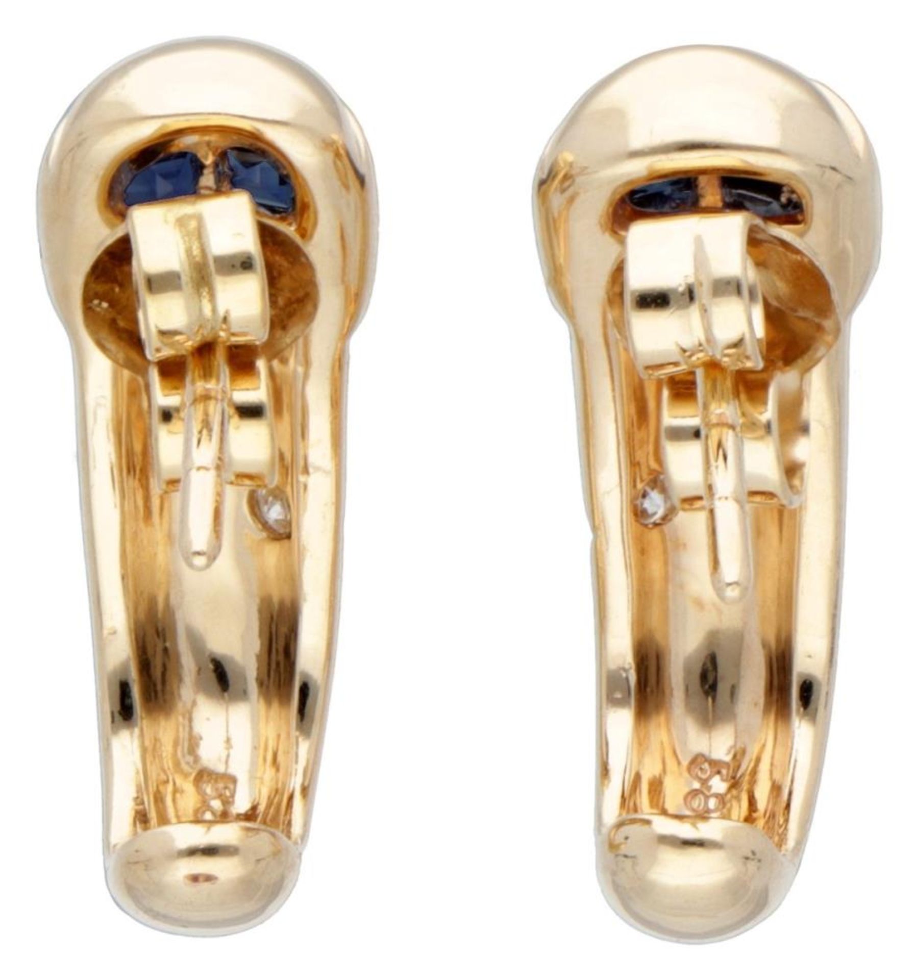 14K. Yellow gold earrings set with approx. 0.24 ct. natural sapphire and diamond. - Image 4 of 4