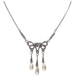 835 Silver Art Deco necklace set with freshwater pearl and marcasite.