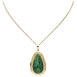 14K. Yellow gold necklace and vintage pendant set with floral carved malachite.