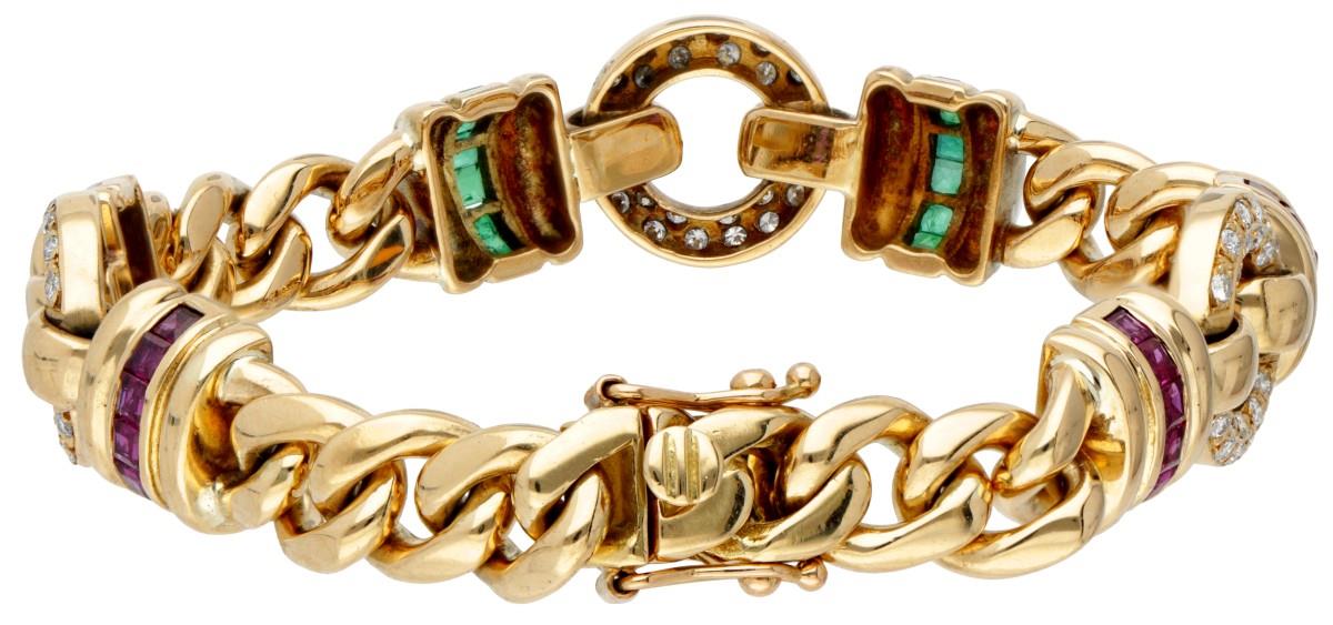 14K. Yellow gold vintage bracelet set with approx. 0.60 ct. diamond, natural ruby ​​and emerald. - Image 4 of 12