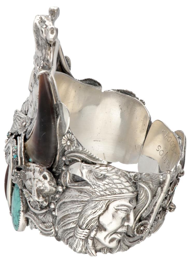 Géza Aranyos sterling silver Native American arm cuff with bear claw, turquoise and red coral. - Image 10 of 16