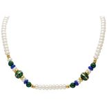 Schoeffel pearl necklace with malachite, lapis lazuli and 18K. yellow gold spacers.