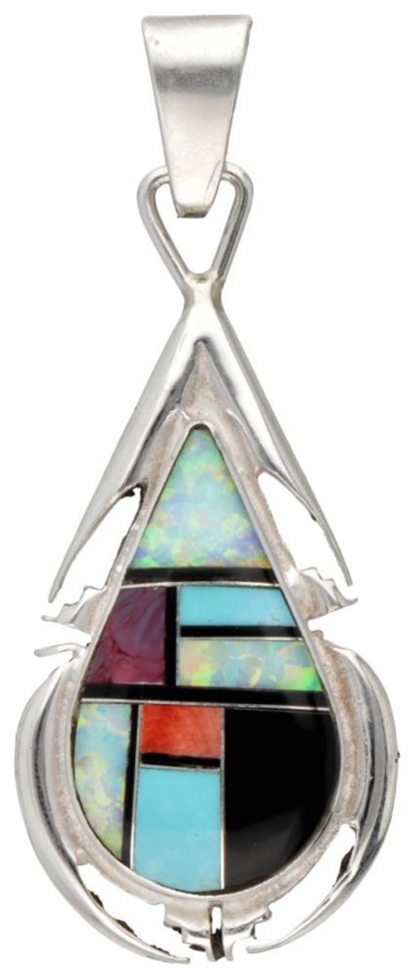 P. Sanchez sterling silver Navajo multi-stone pendant. - Image 2 of 6