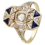 14K. Yellow gold Art Deco dinner ring set with diamond and synthetic sapphire.