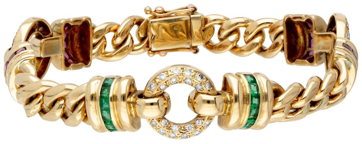14K. Yellow gold vintage bracelet set with approx. 0.60 ct. diamond, natural ruby ​​and emerald.