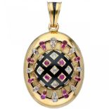 18K. Yellow gold antique medallion pendant set with diamond, natural ruby and black enamel.