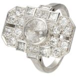 18K. White gold Art Deco shield ring set with diamond.