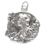 Sterling silver Art Nouveau pendant of a flower picking lady, approx. 1900.