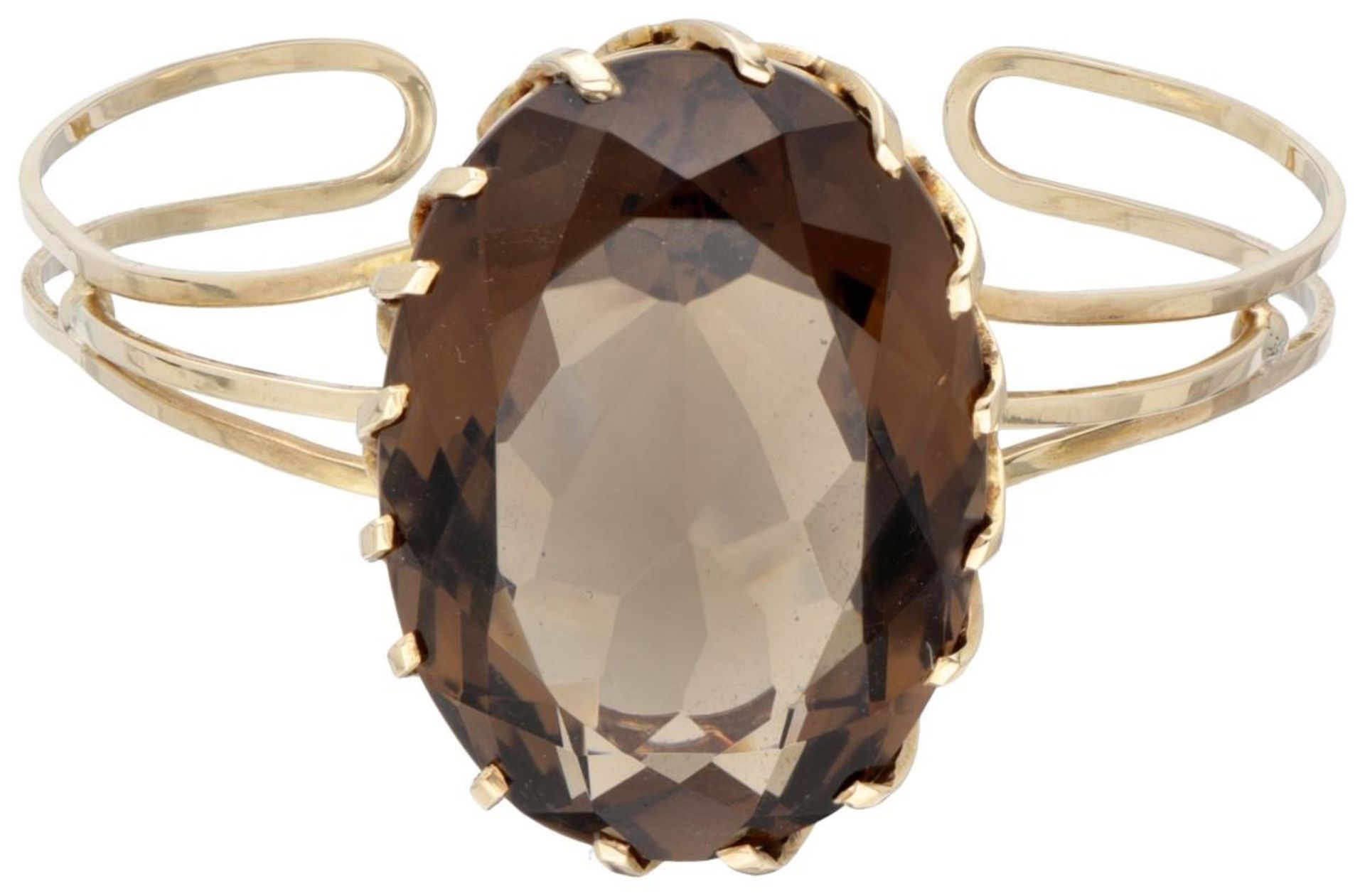 14K. Yellow gold cuff bracelet set with approx. 78.89 ct. smoky quartz. - Image 2 of 6