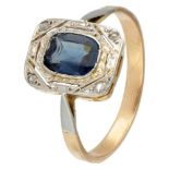 14K. Bicolor gold vintage Art Deco style ring set with rose cut diamond and a sapphire imitation.