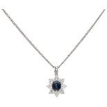 14K. White gold necklace and cluster pendant set with approx. 0.32 ct. diamond and natural sapphire.
