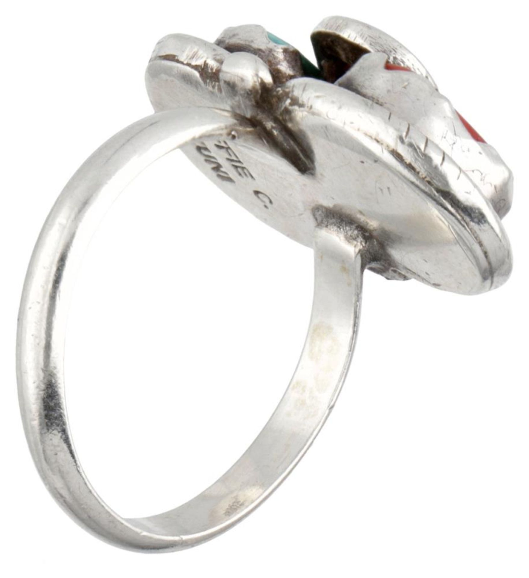 Effie Calavaza sterling silver Indian ring set with turquoise and red coral. - Image 3 of 6