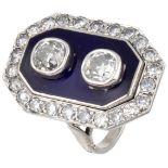18K. White gold and Pt 900 platinum Art Deco ring set with approx. 2.25 ct. diamond and blue enamel.