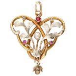 14K. Bicolor gold Art Nouveau pendant set with a pearl and colored stones.