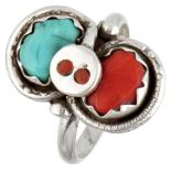 Effie Calavaza sterling silver Indian ring set with turquoise and red coral.