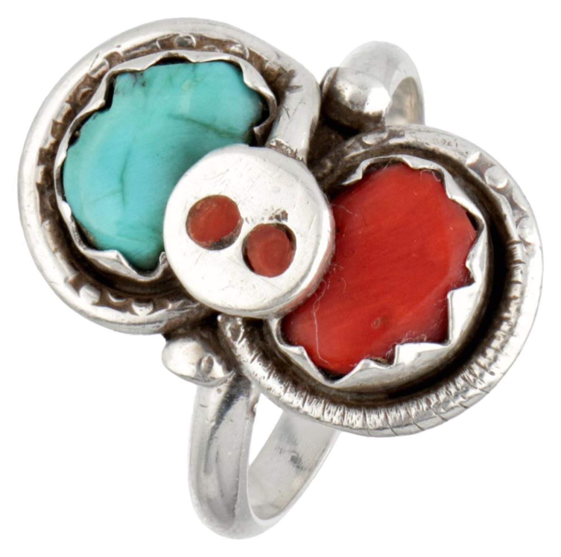 Effie Calavaza sterling silver Indian ring set with turquoise and red coral.