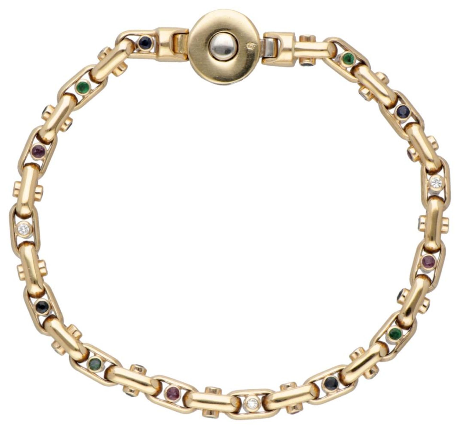 14K. Yellow gold bracelet set with approx. 0.28 ct. diamond and ruby, sapphire and emerald.