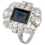 Pt 900 Platinum Art Deco ring set with approx. 2.35 ct. natural sapphire and approx. 0.70 ct. diamon