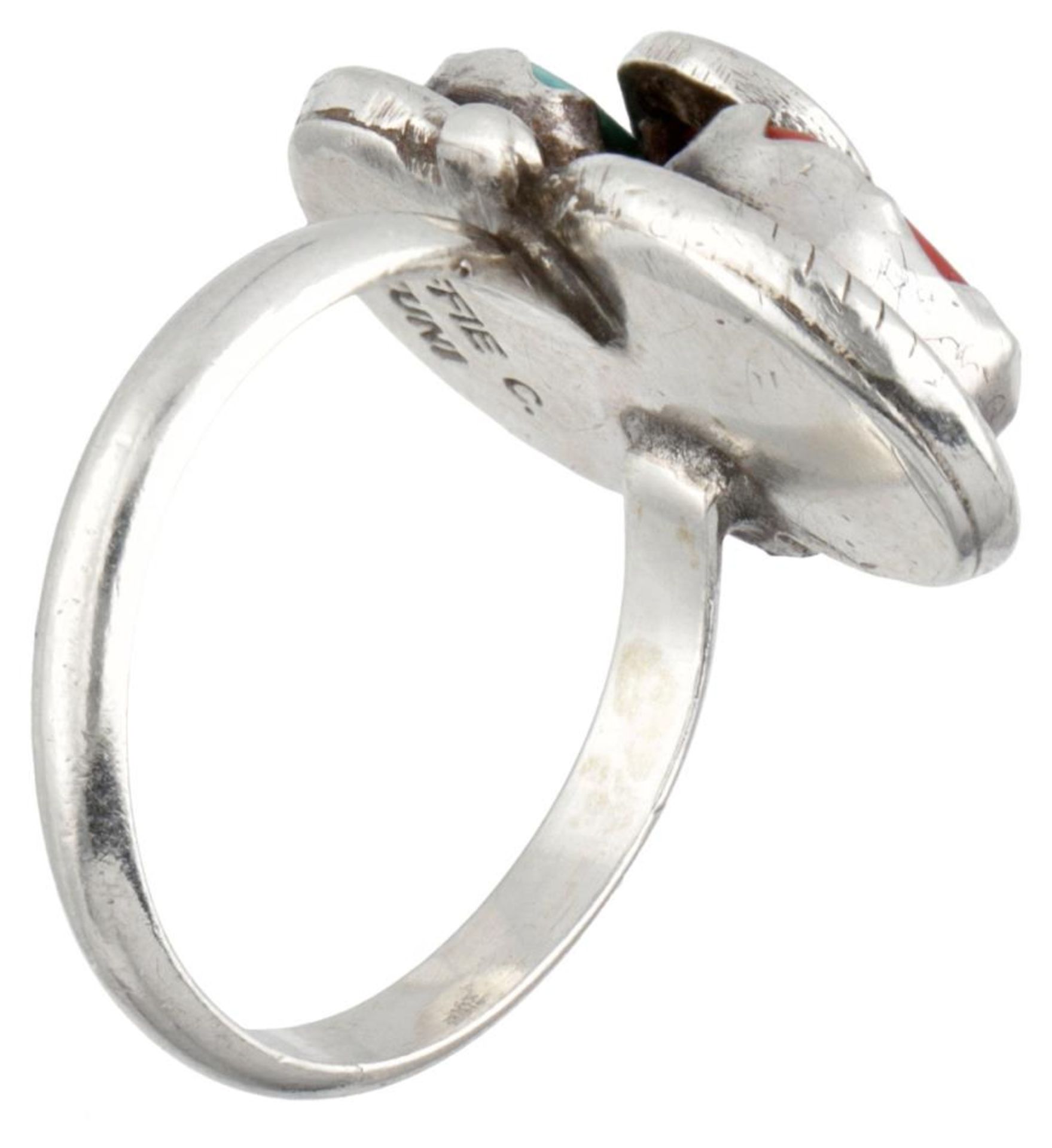 Effie Calavaza sterling silver Indian ring set with turquoise and red coral. - Image 4 of 6