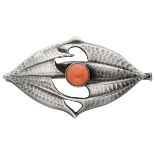 833 Silver Amsterdam School Art Deco brooch set with red coral.