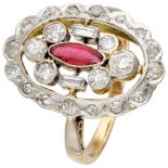 14K. Bicolor gold Art Deco ring set with approx. 0.44 ct. diamond and glass garnet.