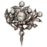 Antique 835 silver floral brooch set with rose cut diamond.