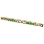 14K. Yellow gold Art Deco brooch set with diamond and natural emerald.