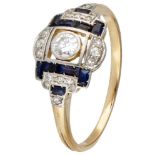 14K. Yellow gold Art Deco ring set with approx. 0.26 ct. diamond and sapphire.