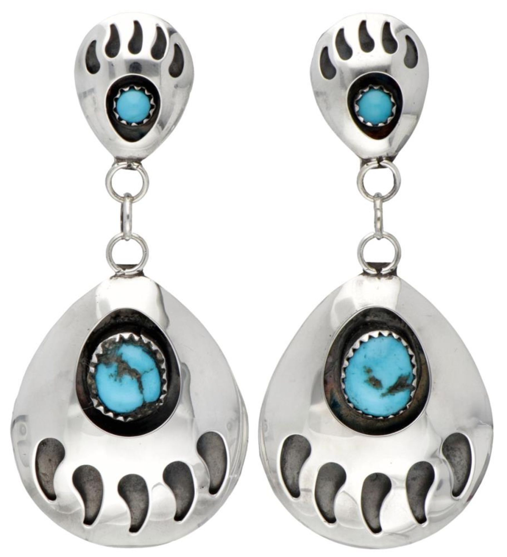 Selena Jake 'Bear claw' Navajo sterling silver Native American earrings set with turquoise. - Image 2 of 6