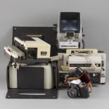 A collection of photographic and film equipment.