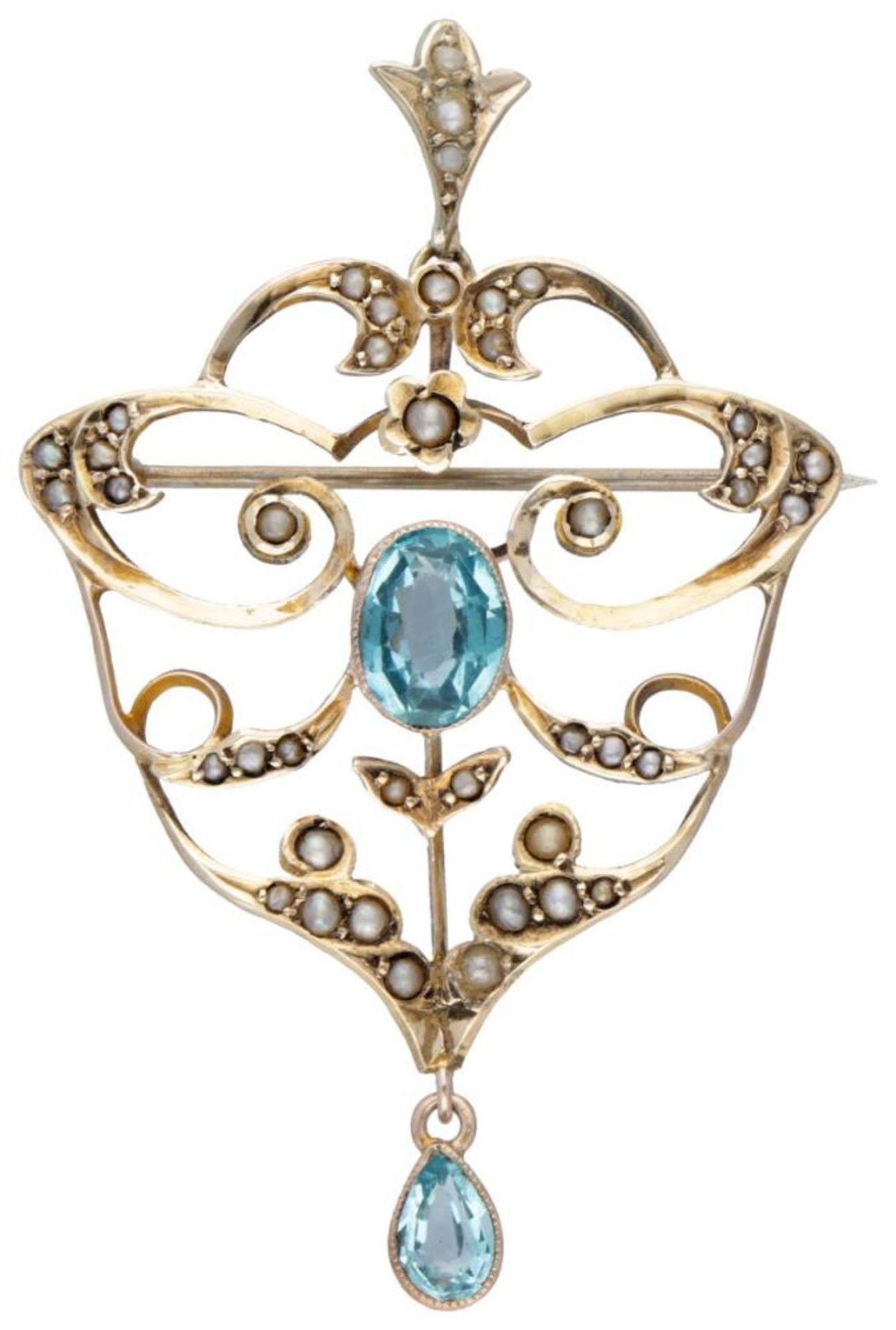 BLA 9K. yellow gold Edwardian brooch / pendant set with seed pearls and blue colored stones.