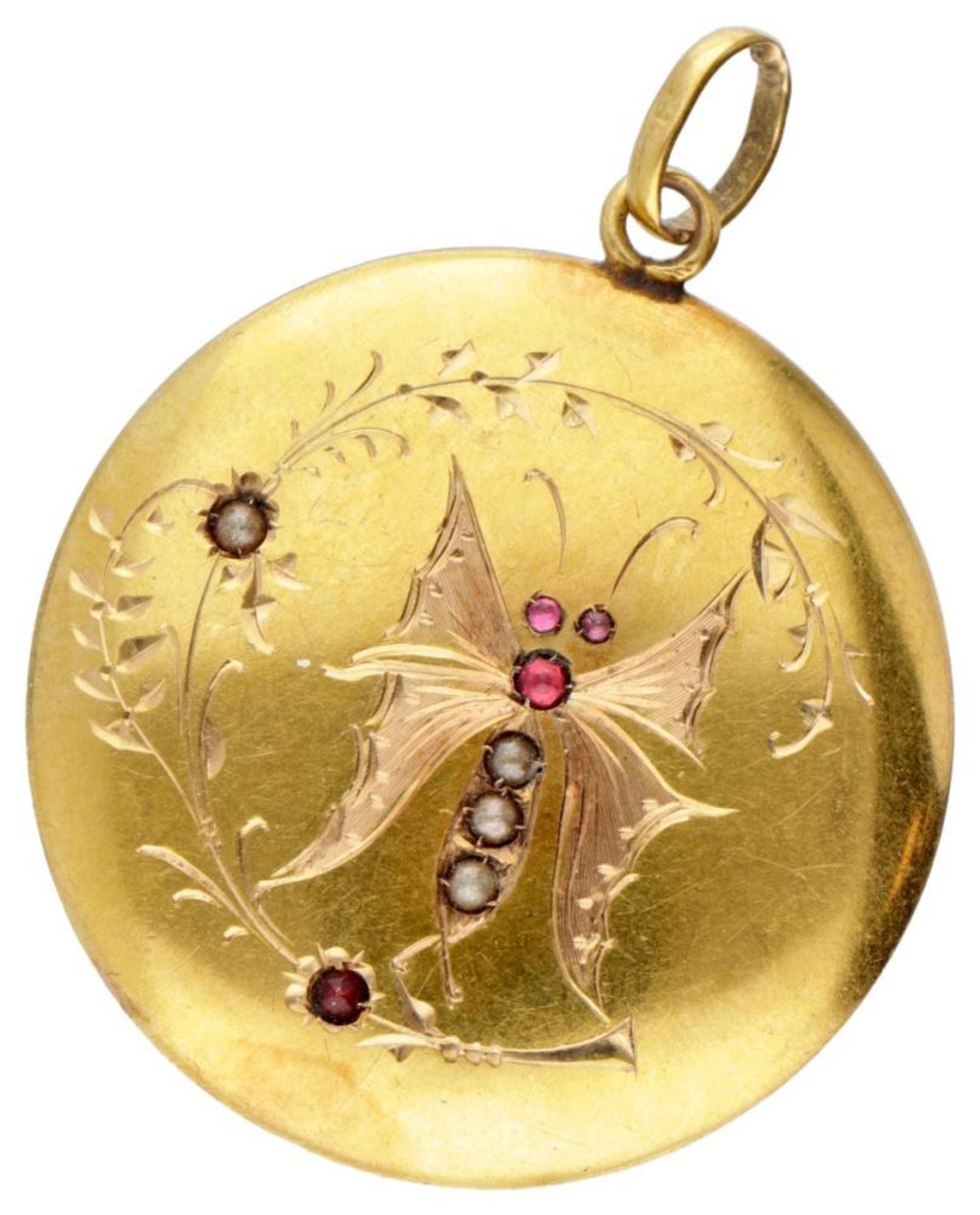 Antique 18K. yellow gold pendant set with rhinestones and seed pearls.