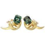 14K. Yellow gold cocktail earrings set with approx. 13.28 ct. synthetic green spinel.