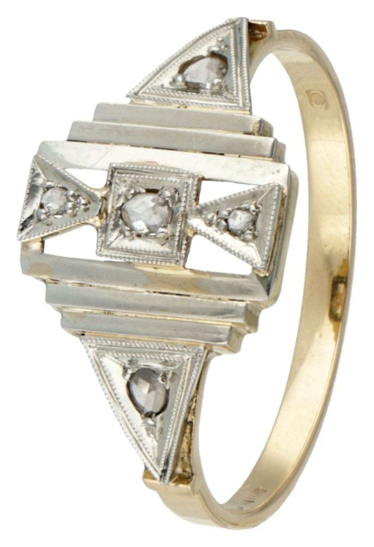 14K. Bicolor gold Art Deco ring set with rose cut diamond.