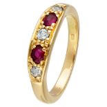 18K. Yellow gold vintage ring set with approx. 0.15 ct. diamond and synthetic ruby.