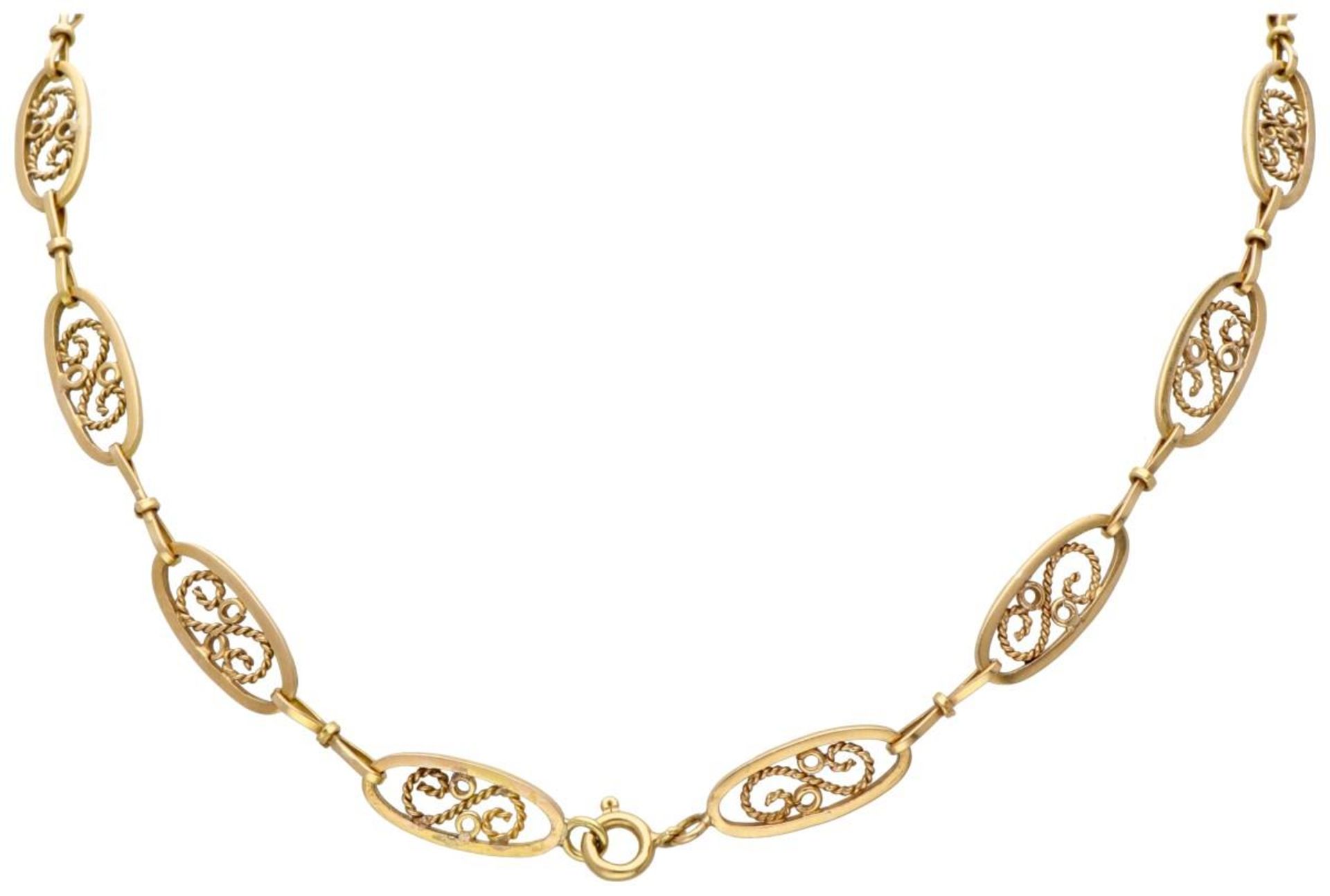 18K. Yellow gold Art Nouveau necklace with graceful details and navette-shaped links. - Bild 3 aus 3