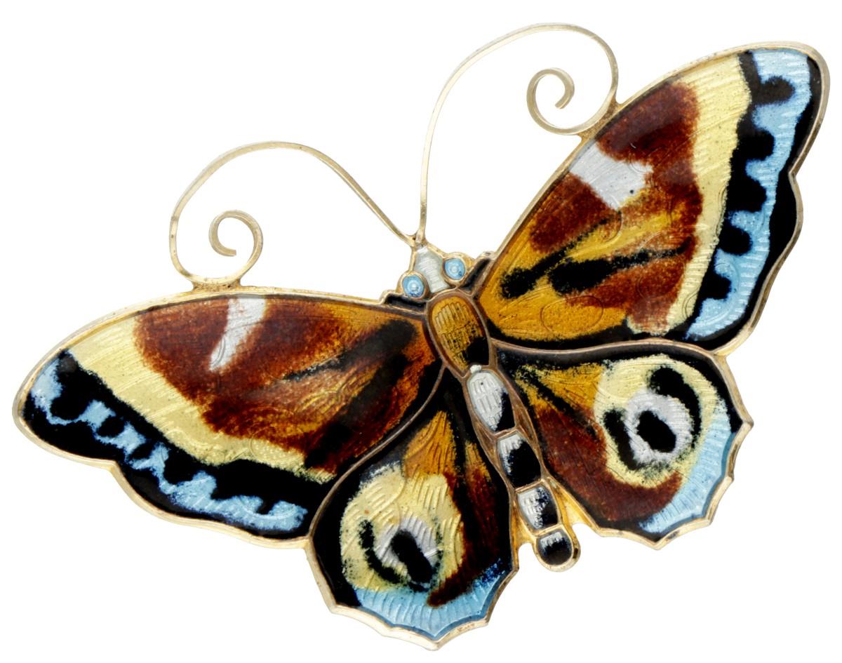 Sterling silver guilloche enamel butterfly brooch by Norwegian designer David Andersen.