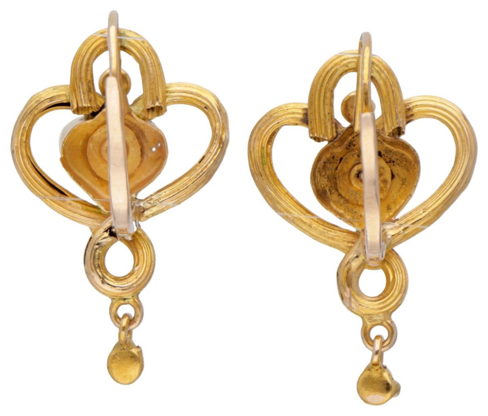 14K. Yellow gold Art Nouveau earrings set with seed pearls and blue rhinestones. - Bild 2 aus 2
