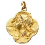 14K. Yellow gold Art Nouveau four-leaf clover medallion with female portrait in profile and diamond.