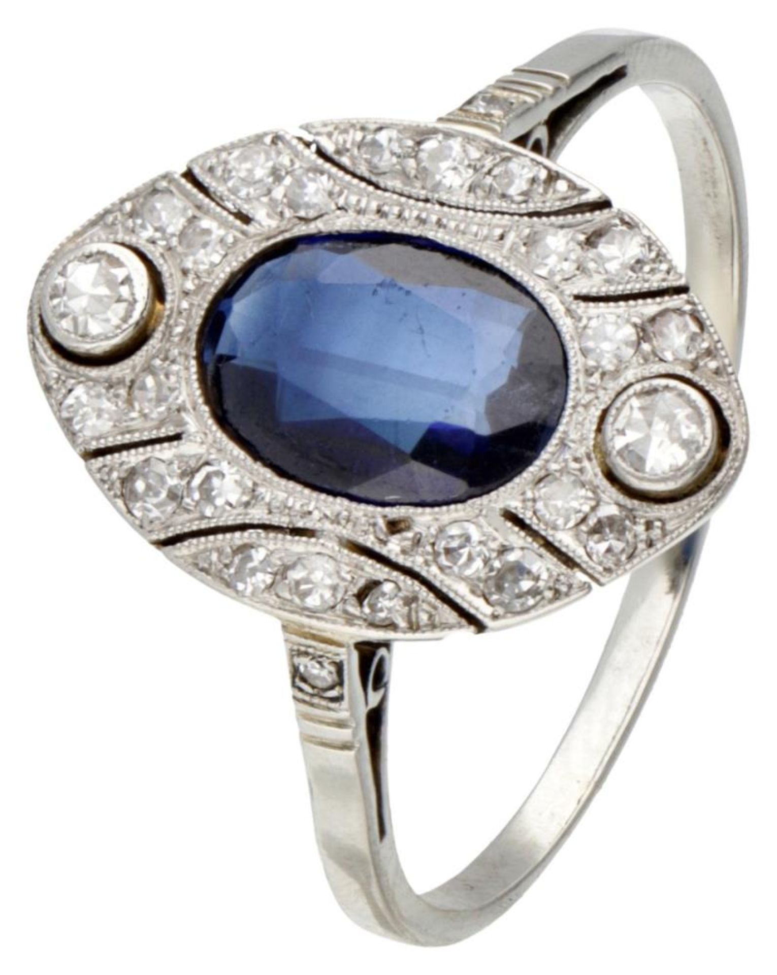 14K. White gold Art Deco ring set with approx. 0.29 ct. diamond and synthetic sapphire.